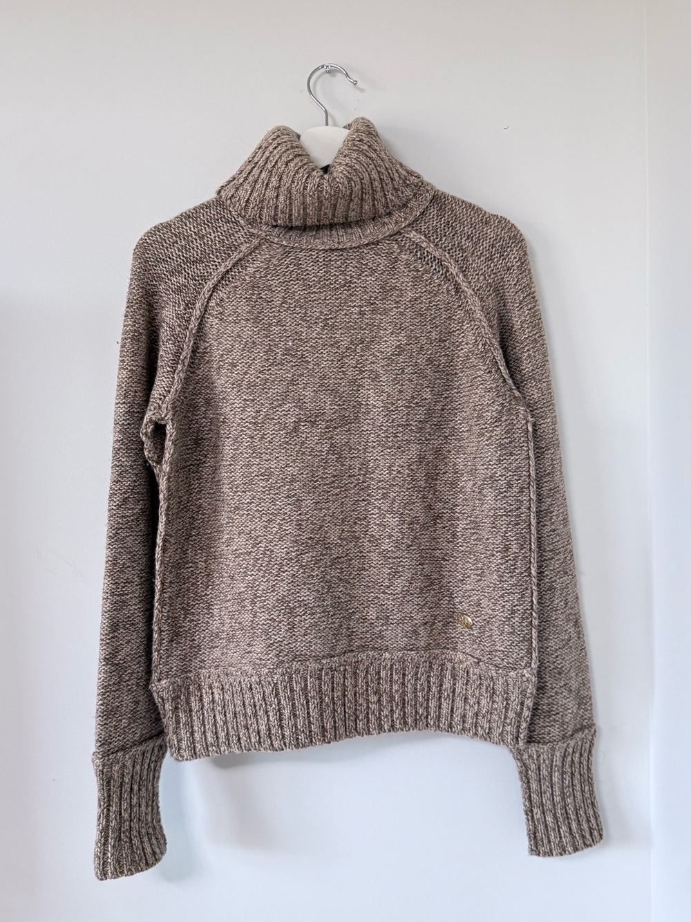 Tory Burch Marled Taupe Cable-Trim Turtleneck Sweater